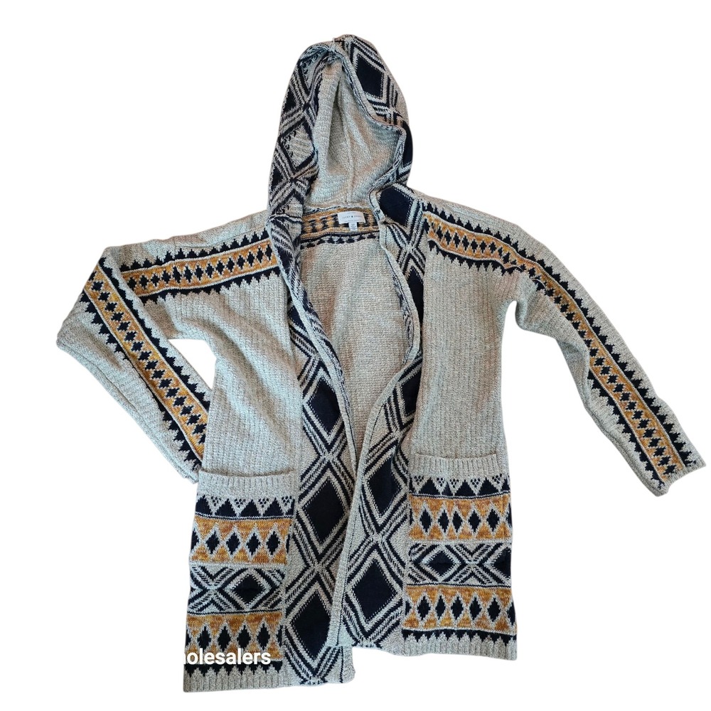 Lucky Brand Aztec Hooded Open Front Cardigan Small Knit Sweater Boho